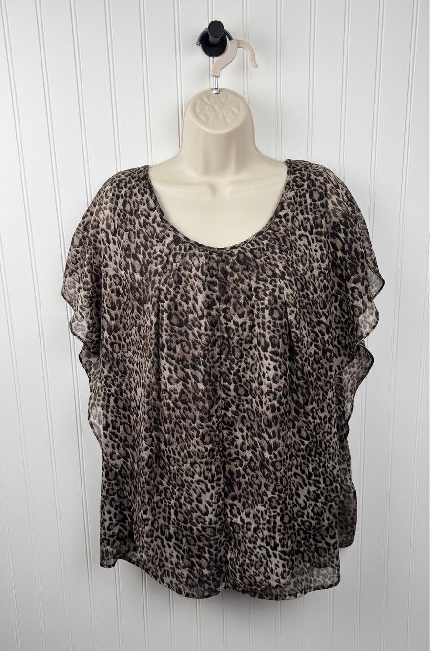 Dress Barn Leopard Print Flutter Sleeve Blouse 1X Sheer